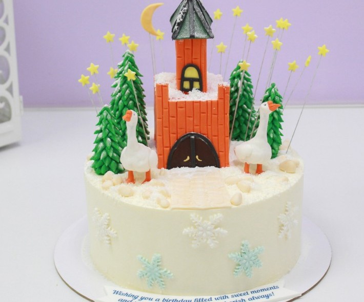 Новогодний торт "Замок и гуси"